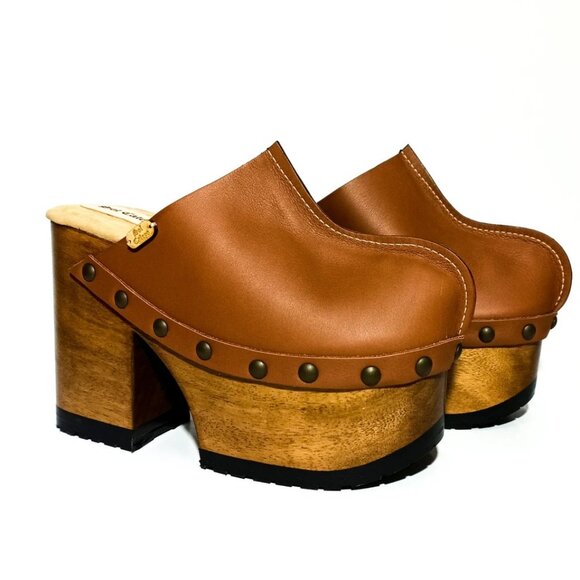 Vintage style brown leather clogs, Platform clogs with wooden heel size 7.5 - Picture 5 of 5